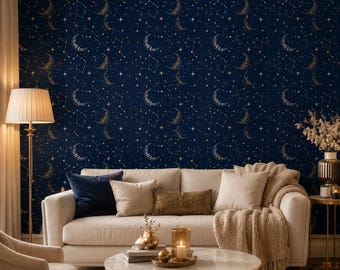 Celestial Moon Peel and Stick Wallpaper, Navy Constellation Starry Sky Wall Mural, Canvas or PVC, 20x48-20x396 in