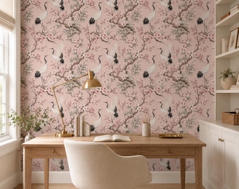 Pink Chinoiserie Peel and Stick Wallpaper, Crane Cherry Blossom Wall Mural, Canvas or PVC, 20x48-20x396 in
