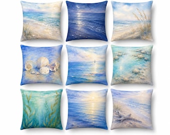 Coastal Watercolor Pillow Cover, Double-Sided Beach Seascape Cushion Case