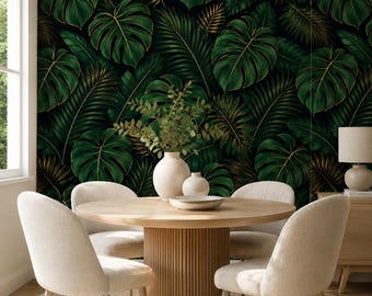 Dark Tropical Peel and Stick Wallpaper, Monstera Palm Leaf Wall Mural, Canvas or PVC, 20x48-20x396 in