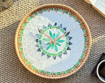 Rattan & Mother of Pearl Wall Clock · Green Mosaic Leaf Mandala · Silent Movement · 30/35cm-12/14 inch Boho Decor · Natural Home Gift