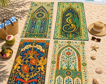 Medieval Gothic Arch Beach Towel, Microfiber Quick Dry Pool Towel, 30x100 70x150 80x130 80x160cm, Royal Vintage Gift