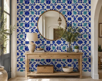 Blue Moroccan Tile Peel and Stick Wallpaper, Geometric Mosaic Wall Mural, Canvas or PVC, 20x48-20x396 in