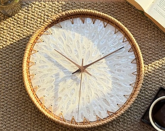 Rattan & Mother of Pearl Wall Clock · White Leaf Mosaic · Silent Movement · 30/35cm-12/14 inch Boho Decor · Handmade Natural Home Gift