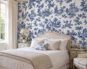 Blue Toile Peel and Stick Wallpaper, French Country Scenic Wall Mural, Canvas or PVC, 20x48-20x396 in
