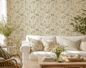 Vintage Botanical Peel and Stick Wallpaper, Bird Butterfly Wildflower Wall Mural, Canvas or PVC, 20x48-20x396 in