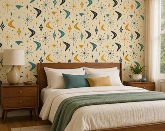 Mid Century Modern Peel and Stick Wallpaper, Atomic Retro Boomerang Wall Mural, Canvas or PVC, 20x48-20x396 in
