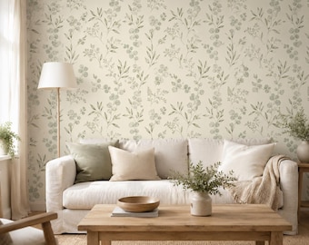 Sage Green Botanical Peel and Stick Wallpaper, Eucalyptus Leaf Wall Mural, Canvas or PVC, 20x48-20x396 in