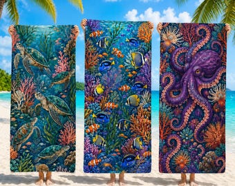 Ocean Animal Beach Towel 30x100 70x150 80x130 80x160cm, Marine Microfiber Pool Towel, Sea Life Travel Towel