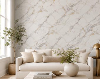White Marble Peel and Stick Wallpaper, Gold Vein Faux Marble Wall Mural, Canvas or PVC, 20x48-20x396 in