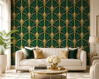Emerald Green Art Deco Peel and Stick Wallpaper, Gold Geometric Fan Wall Mural, Canvas or PVC, 20x48-20x396 in