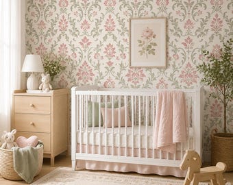 Pink Sage Damask Peel and Stick Wallpaper, Vintage Floral Wall Mural, Canvas or PVC, 20x48-20x396 in