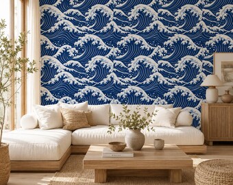 Japanese Wave Peel and Stick Wallpaper, Blue Ocean Seascape Wall Mural, Canvas or PVC, 20x48-20x396 in