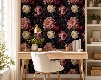 Dark Floral Peel and Stick Wallpaper, Moody Peony Botanical Wall Mural, Canvas or PVC, 20x48-20x396 in