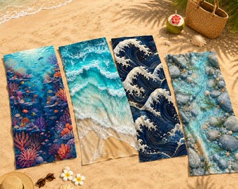 Ocean Beach Towel 30x100 70x150 80x130 80x160cm, Blue Wave Microfiber Towel, Quick Dry Pool Travel Towel