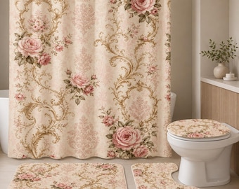 Vintage Pink Floral Shower Curtain , French Country Bathroom Decor, Romantic Rose Bath Curtain, Shabby Chic Cottagecore Shower Curtain Set