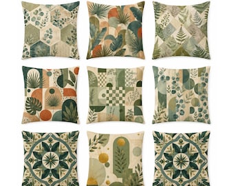 Botanical Linen Pillow Cover, Double-Sided Green Eucalyptus Geometric Cushion Cover, Boho Farmhouse Sofa Decor, 14/16/18/20/24 Inch