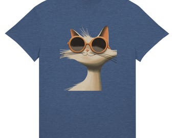 May include: Blue t-shirt featuring a cartoon cat wearing orange sunglasses. The cat has white fur, orange ears, and long black whiskers. The graphic is centered on the shirt, creating a playful and stylish design.