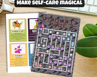 Carte du défi des soins personnels sur le thème du sorcier : journal gamifié imprimable bien-être et pleine conscience (PDF)