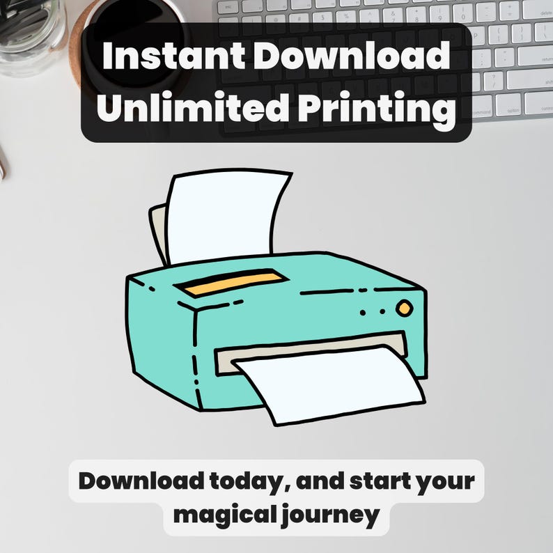 Puede incluir: Una impresora de dibujos animados de color turquesa con papel blanco saliendo de la bandeja de salida. La imagen incluye el texto "Descarga instant&aacute;nea Impresi&oacute;n ilimitada" y "Descarga hoy y comienza tu viaje m&aacute;gico."