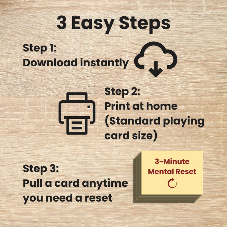 May include: Image with the text "3 Easy Steps" and instructions: Download instantly, print at home (standard playing card size), and pull a card anytime you need a reset. A small yellow card reads "3-Minute Mental Reset".