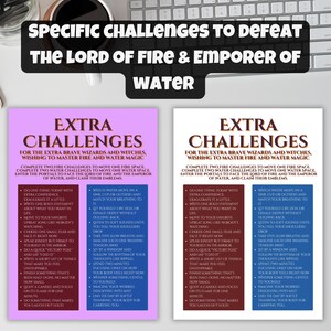 Puede incluir: Dos tarjetas impresas en rosa y blanco con texto, incluyendo "Extra Challenges" e instrucciones para que magos y brujas dominen la magia del fuego y del agua. Las tarjetas est&aacute;n sobre una superficie blanca con un teclado al fondo.