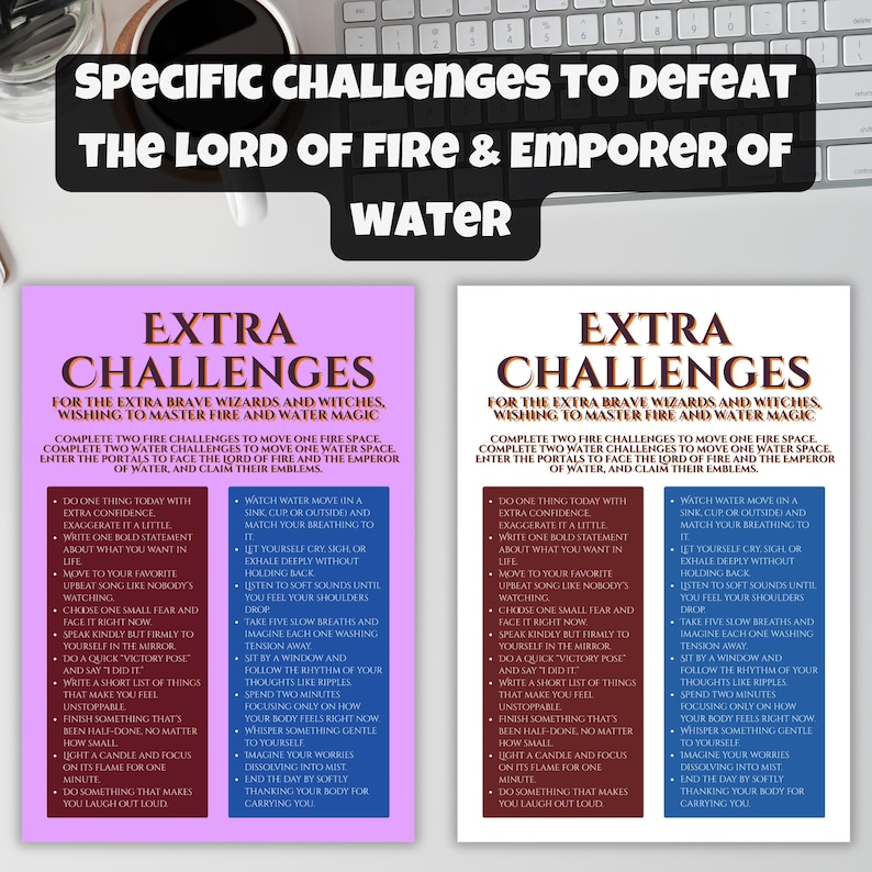 Puede incluir: Dos tarjetas impresas en rosa y blanco con texto, incluyendo "Extra Challenges" e instrucciones para que magos y brujas dominen la magia del fuego y del agua. Las tarjetas est&aacute;n sobre una superficie blanca con un teclado al fondo.