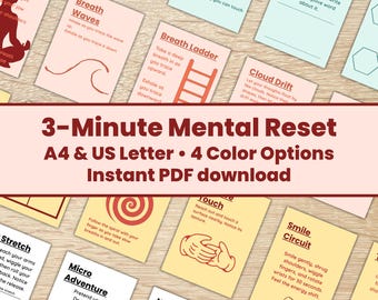 Reinicialização mental de 3 minutos: Acalme a ansiedade e organize seus pensamentos - Cartões de autocuidado (Download instantâneo em PDF)