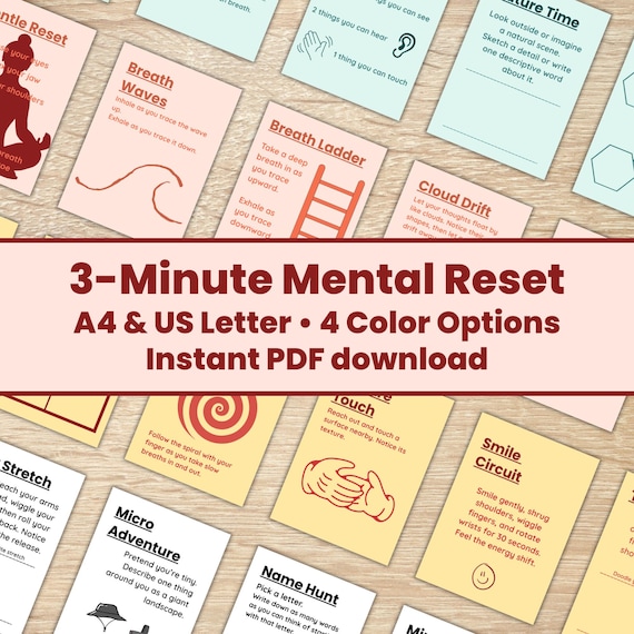 3-Minute mental reset: Calm anxiety & declutter thoughts - Self-care flashcards (Instant PDF Download)