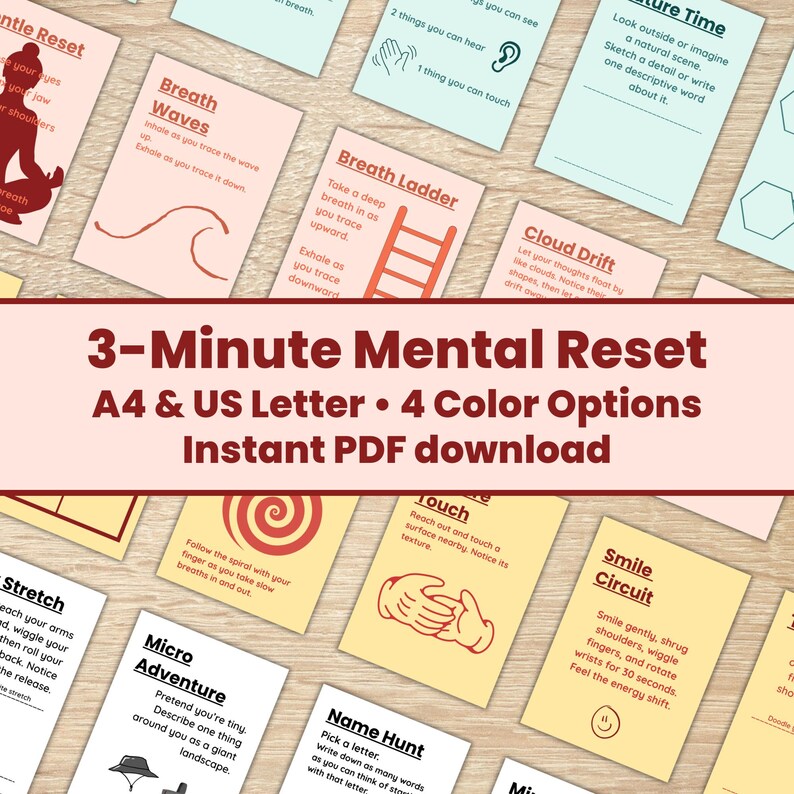 May include: A set of mindfulness cards with exercises like "Breath Waves" and "Smile Circuit." The cards are in various colours and are arranged on a light wooden surface. The title "3-Minute Mental Reset" is displayed.