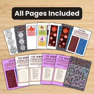 Puede incluir: Una colecci&oacute;n de p&aacute;ginas impresas con varios dise&ntilde;os y texto, incluyendo las palabras "All Pages Included" en la parte superior. Las p&aacute;ginas presentan ilustraciones, laberintos y texto, con una paleta de colores p&uacute;rpura, rojo y azul.