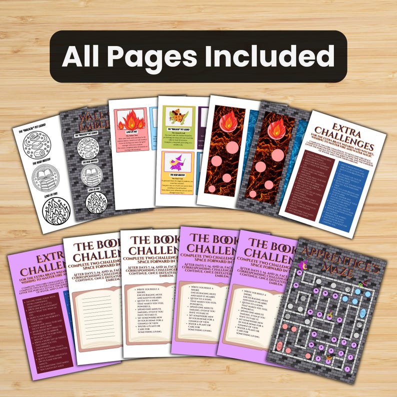 Puede incluir: Una colecci&oacute;n de p&aacute;ginas impresas con varios dise&ntilde;os y texto, incluyendo las palabras "All Pages Included" en la parte superior. Las p&aacute;ginas presentan ilustraciones, laberintos y texto, con una paleta de colores p&uacute;rpura, rojo y azul.