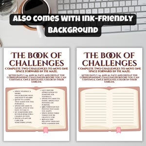 Puede incluir: Se muestran dos libros abiertos con el t&iacute;tulo "The Book of Challenges". Las p&aacute;ginas contienen texto que describe desaf&iacute;os. Los libros tienen marcadores de cinta rosa. El fondo es blanco con un teclado y una taza de caf&eacute;.