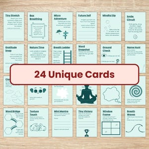 May include: A collection of 24 mindfulness cards, each offering a unique prompt for self-reflection and well-being. The cards, in light blue with white text, include activities like "Box Breathing" and "Gratitude Snap," with illustrations and instructions. The text reads "24 Unique Cards."