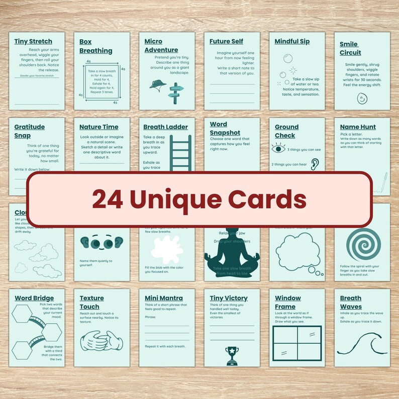 May include: A collection of 24 mindfulness cards, each offering a unique prompt for self-reflection and well-being. The cards, in light blue with white text, include activities like "Box Breathing" and "Gratitude Snap," with illustrations and instructions. The text reads "24 Unique Cards."