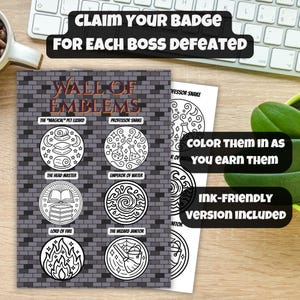 Puede incluir: Una hoja impresa con las palabras "Wall of Emblems" y varios dise&ntilde;os de emblemas circulares. El texto "Claim Your Badge For Each Boss Defeated" est&aacute; encima de la hoja. La hoja tambi&eacute;n incluye el texto "Color them in as you earn them" y "Ink-friendly version included".