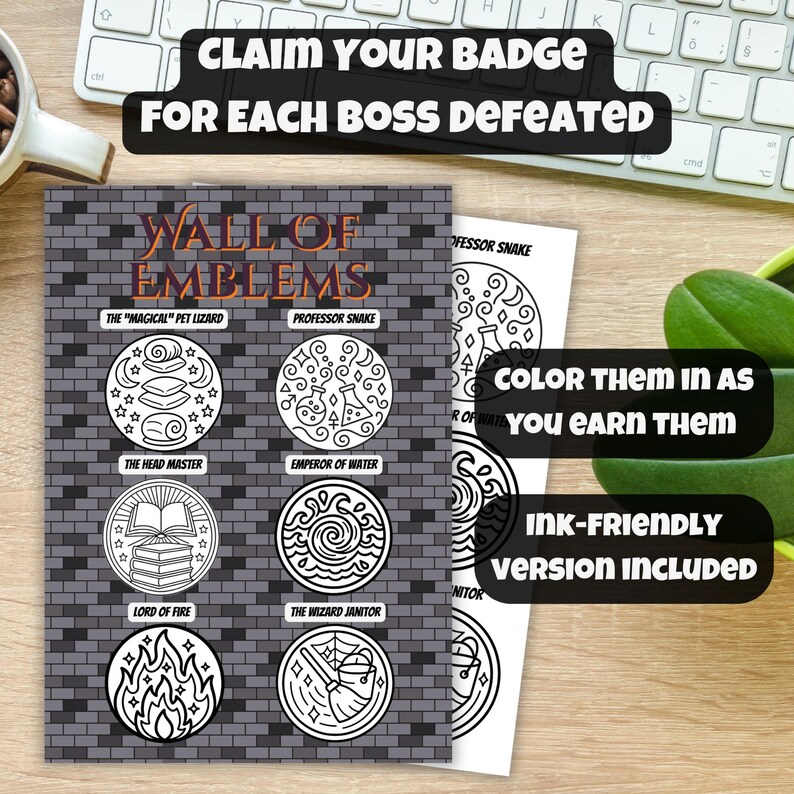 Puede incluir: Una hoja impresa con las palabras "Wall of Emblems" y varios dise&ntilde;os de emblemas circulares. El texto "Claim Your Badge For Each Boss Defeated" est&aacute; encima de la hoja. La hoja tambi&eacute;n incluye el texto "Color them in as you earn them" y "Ink-friendly version included".