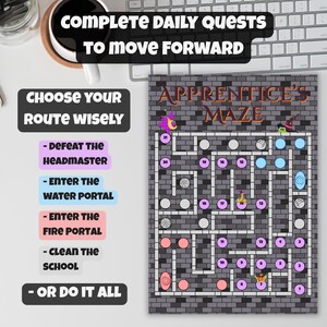 Puede incluir: Un juego de mesa con el texto "Apprentice's Maze" e instrucciones para "Completar misiones diarias". El tablero es un laberinto de ladrillos grises con elementos coloridos e instrucciones.