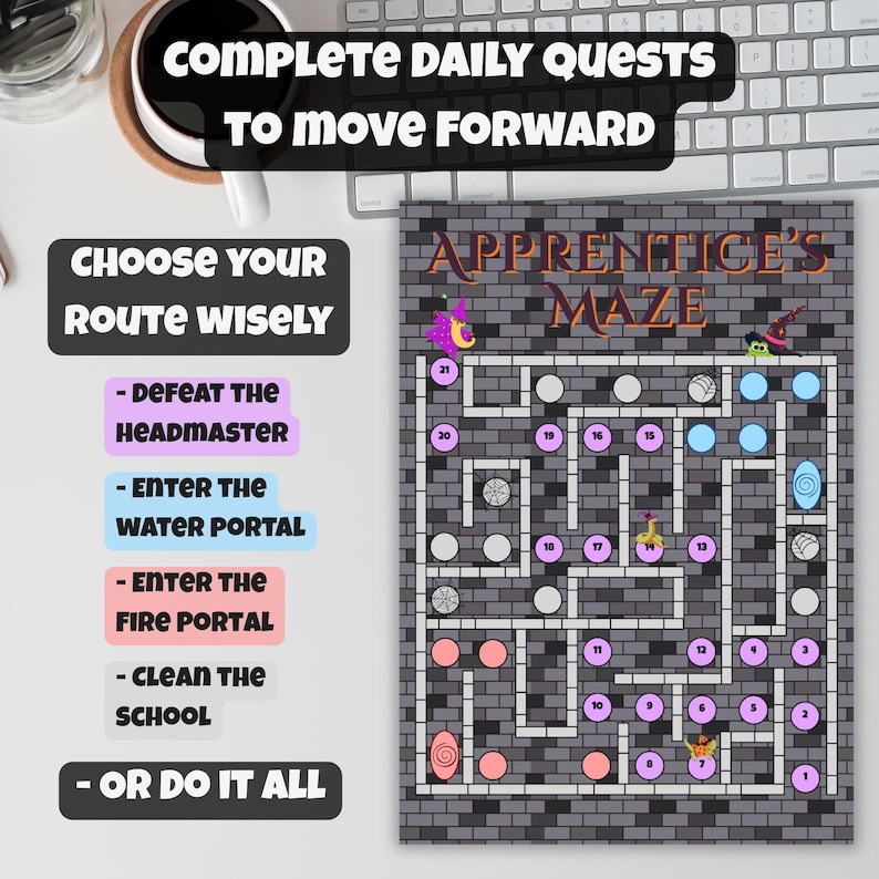 Puede incluir: Un juego de mesa con el texto "Apprentice's Maze" e instrucciones para "Completar misiones diarias". El tablero es un laberinto de ladrillos grises con elementos coloridos e instrucciones.