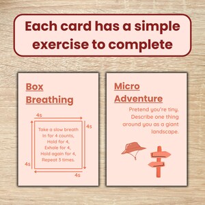 May include: Two cards with simple exercises. One card says "Box Breathing" and includes instructions for a breathing exercise. The other card says "Micro Adventure" and gives a prompt to describe something as a giant landscape.