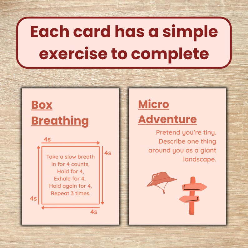 May include: Two cards with simple exercises. One card says "Box Breathing" and includes instructions for a breathing exercise. The other card says "Micro Adventure" and gives a prompt to describe something as a giant landscape.