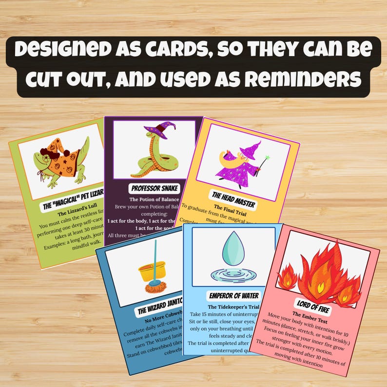 Puede incluir: Un conjunto de tarjetas coloridas con ilustraciones caprichosas y texto. Cada tarjeta presenta un dise&ntilde;o &uacute;nico, con instrucciones para el autocuidado y la atenci&oacute;n plena. Las tarjetas est&aacute;n dise&ntilde;adas para ser recortadas y utilizadas como recordatorios.