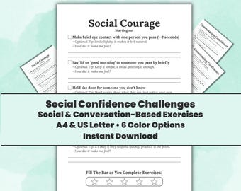 Exercices de confiance en soi à imprimer : défis liés à l'anxiété sociale - entraînement aux aptitudes à la conversation (format format A4 et format lettre US)