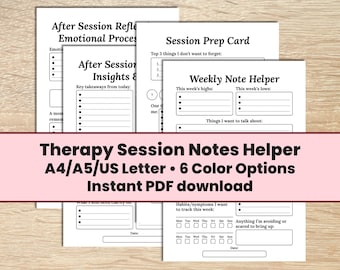 Afdrukbare aantekeningen therapiesessie: helper werkblad voorbereiding en reflectie sessie