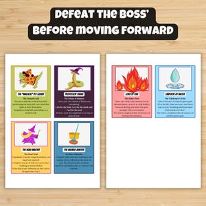 Puede incluir: Una doble p&aacute;gina con el texto "DEFEAT THE BOSS' BEFORE MOVING FORWARD". Las p&aacute;ginas presentan ilustraciones coloridas y texto que describe rituales de autocuidado, incluyendo un lagarto, una serpiente, fuego y una gota de agua. El tema es la superaci&oacute;n personal.