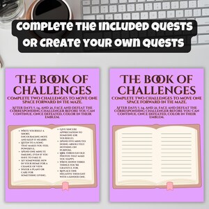 Puede incluir: Dos diarios de libros abiertos con el t&iacute;tulo "The Book of Challenges" en un dise&ntilde;o morado y rosa. El texto anima a completar desaf&iacute;os para avanzar. La parte superior de la imagen tiene el texto "Complete the included quests or create your own quests".