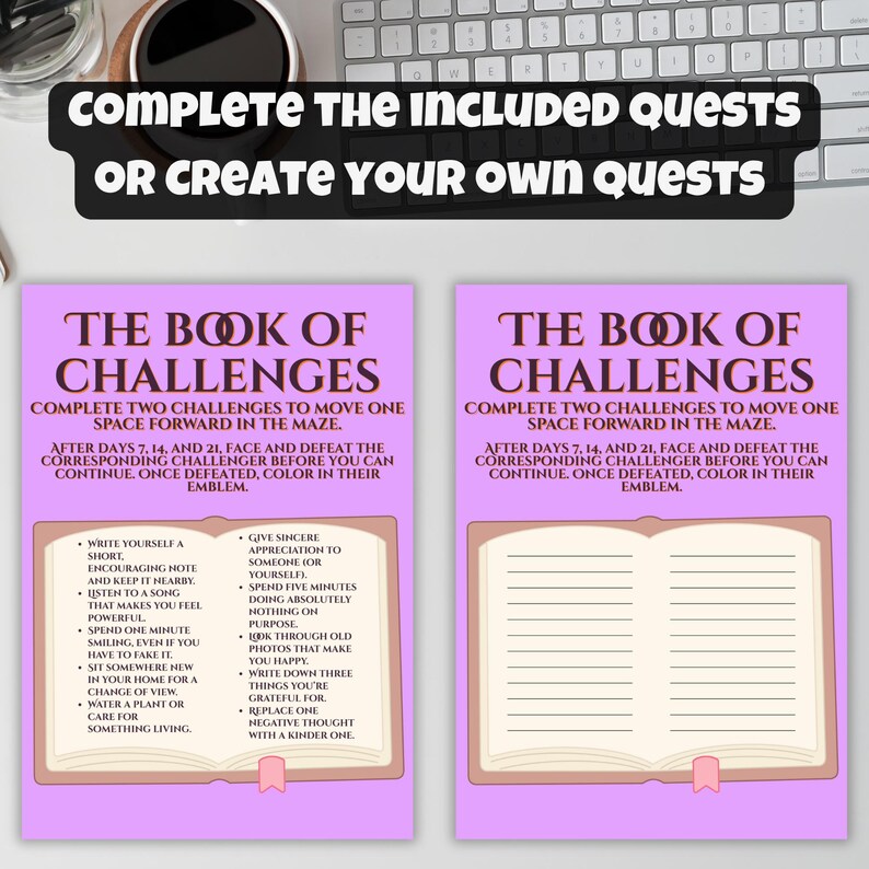 Puede incluir: Dos diarios de libros abiertos con el t&iacute;tulo "The Book of Challenges" en un dise&ntilde;o morado y rosa. El texto anima a completar desaf&iacute;os para avanzar. La parte superior de la imagen tiene el texto "Complete the included quests or create your own quests".