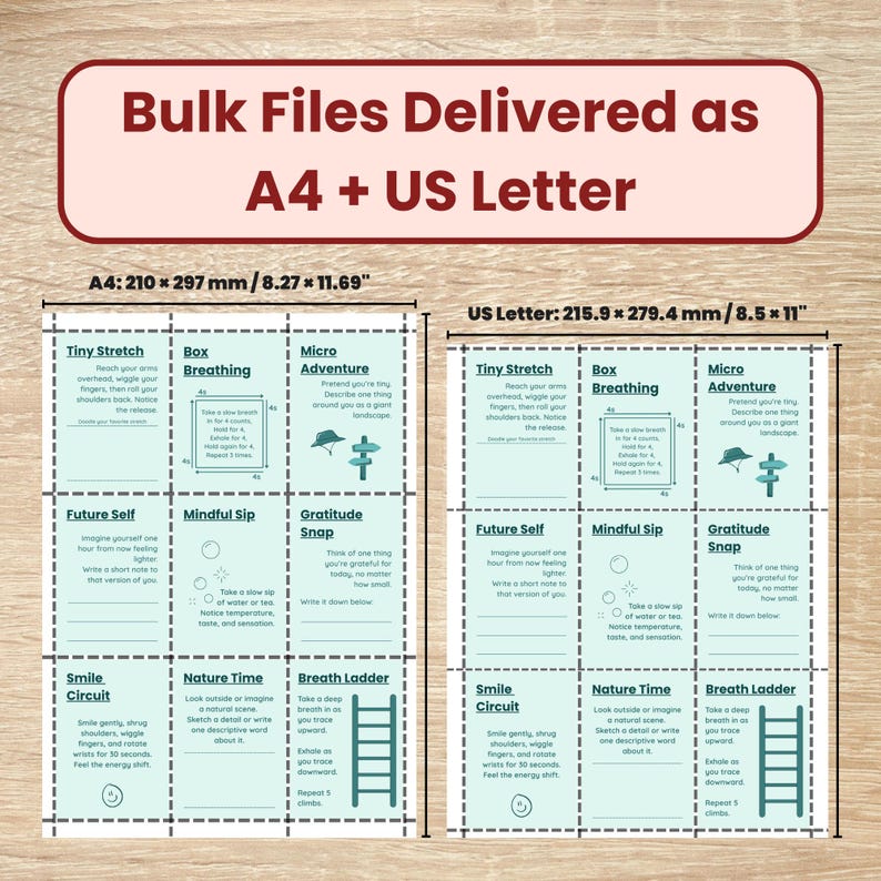 May include: Two mindfulness templates, one A4 size (210 x 297 mm) and one US Letter size (215.9 x 279.4 mm). Each template includes sections for Tiny Stretch, Box Breathing, Micro Adventure, Future Self, Mindful Sip, Gratitude Snap, Smile Circuit, Nature Time, and Breath Ladder.