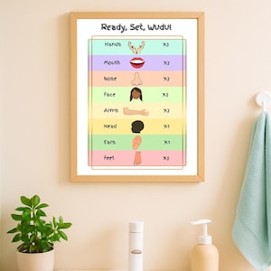 May include: A framed print titled "Ready, Set, Wudu!" shows a colourful diagram of body parts with illustrations and the number of washes. The print is in a bathroom, above a white sink with a plant and soap dispenser. The text reads "Ready, Set, Wudu!"