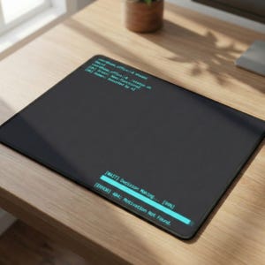 May include: A black rectangular mousepad with a computer code-like design. The text on the pad includes "user@home_office" and "ERROR 404: Motivation Not Found." The mousepad is on a wooden desk.